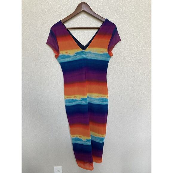 NWT Bold Elements sheer mesh multicolor midi dress size S cap sleeve vneck vacay - Picture 5 of 6